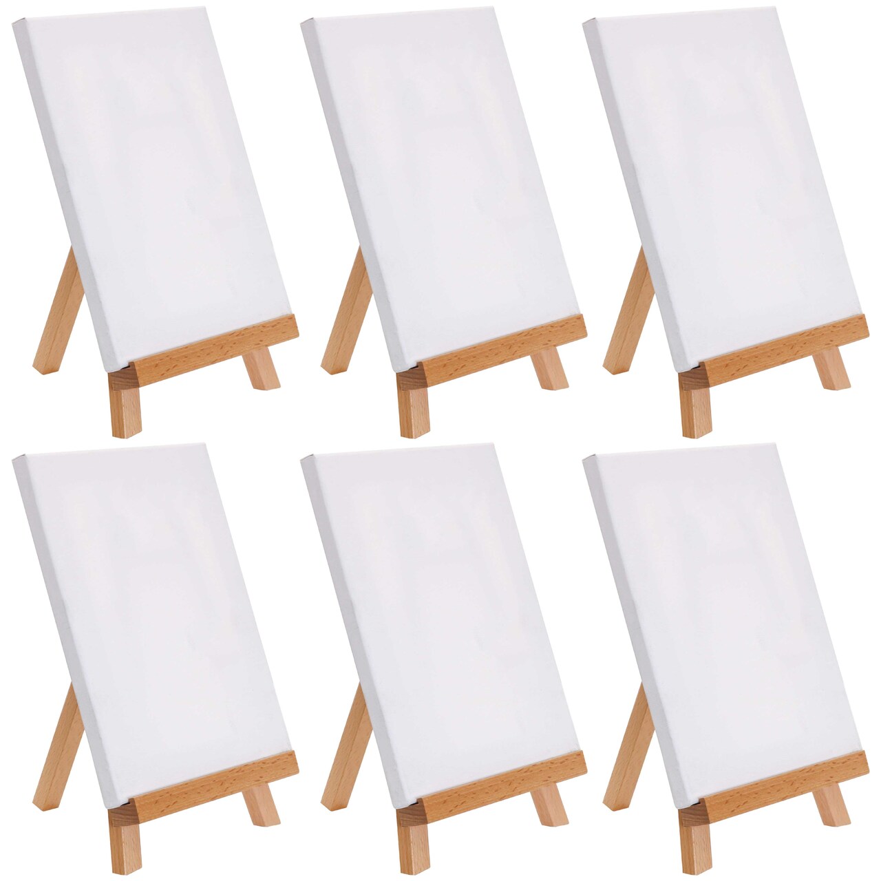 8" x 8" Stretched Canvas with 10.5" Small Wooden Tabletop Easel Kit (6 Pack) for Painting and Display Stand - A-Frame Table Top Easel, Canvas Holder